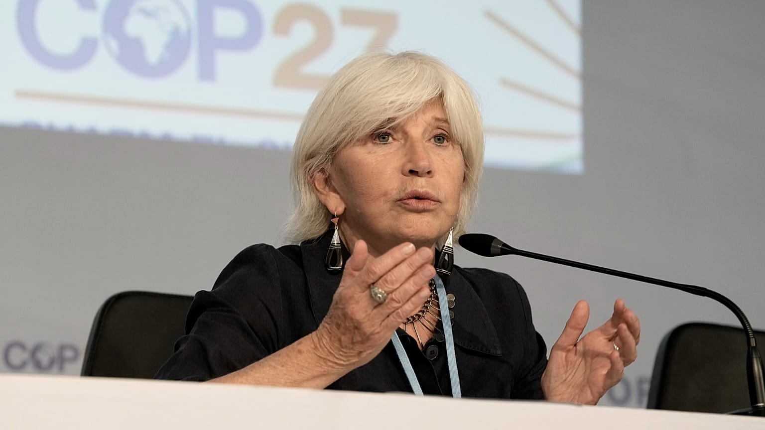 Laurence Tubiana, CEO of the European Climate Foundation (ECF), speaks about ongoing negotiations at the COP27 U.N. Climate Summit, Nov. 17, 2022, in Egypt.