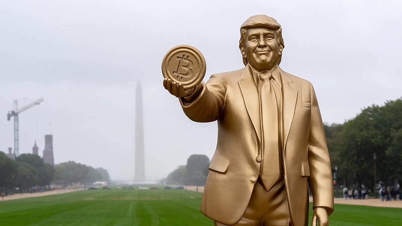 FILE. A statue of President Donald Trump holding a bitcoin in recognition of his support for cryptocurrency on the National Mall in Washington. Sept. 2025