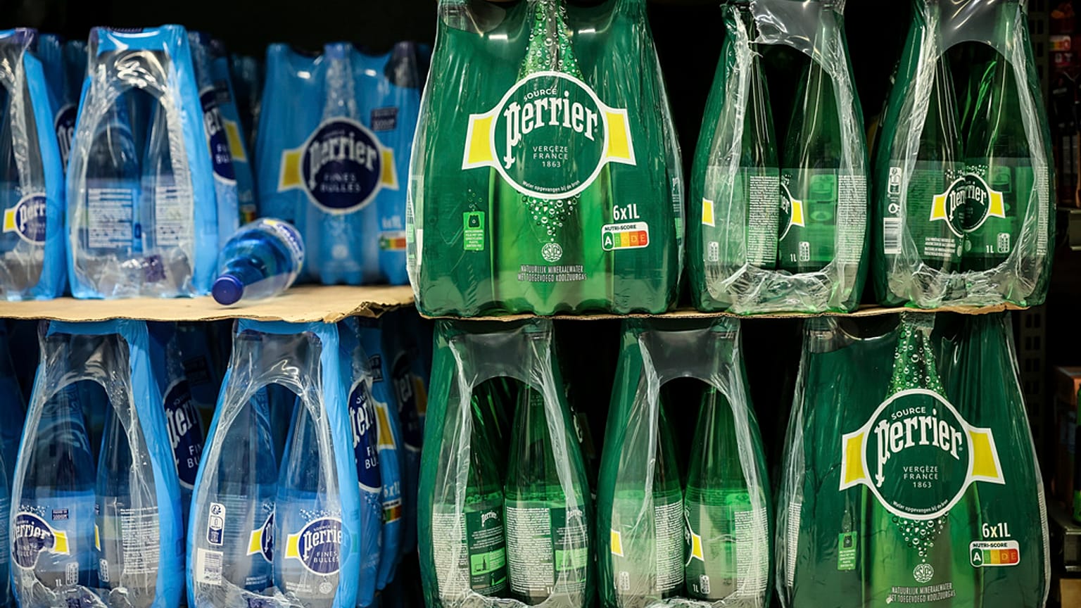 FILE. Bottles of Perrier are pictured in a supermarket. 19 May 2025. 