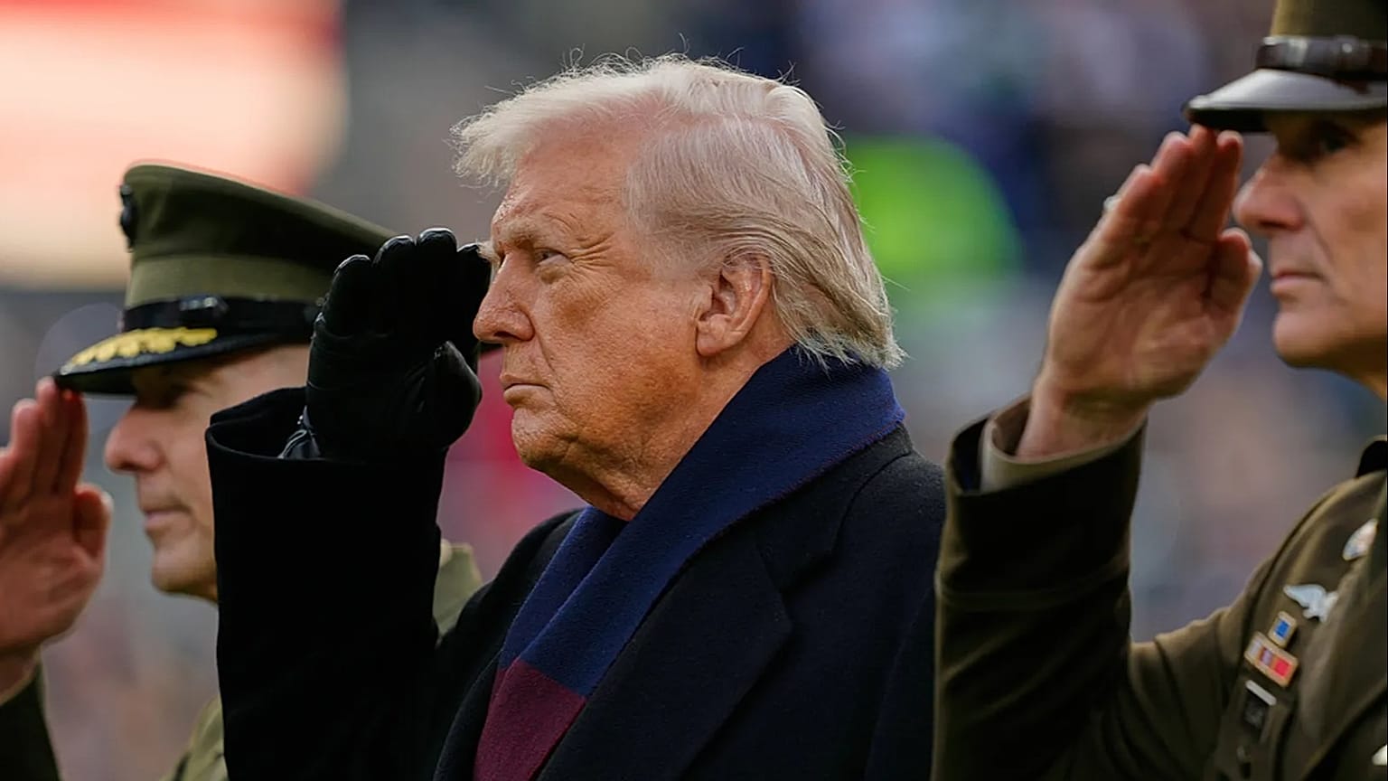 Donald Trump salutes during the National Anthem before the start of the 126th Army-Navy NCAA college football game, 13 December 2025