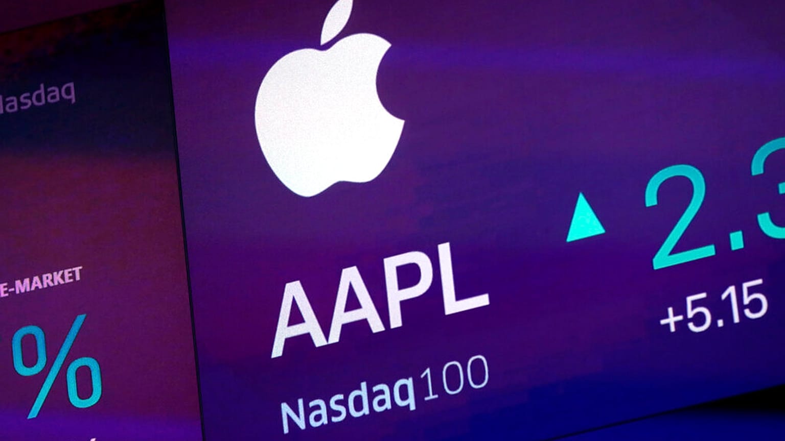 File - The symbol for Apple appears on a screen at the Nasdaq MarketSite, in New York. 1 October 2019. 