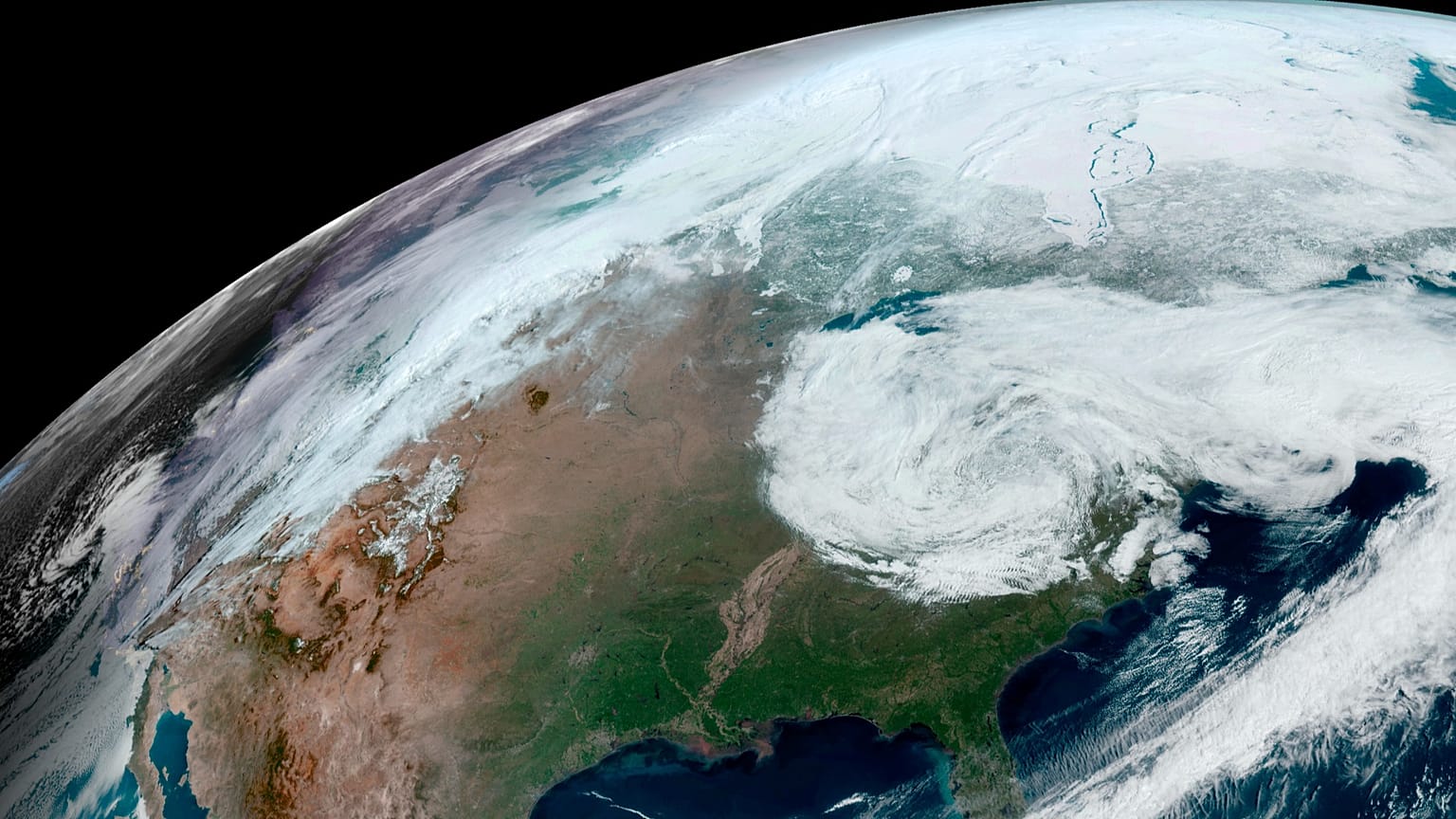 This satellite image provided by NOAA shows clouds over North America on Thursday, 4 April 2024.