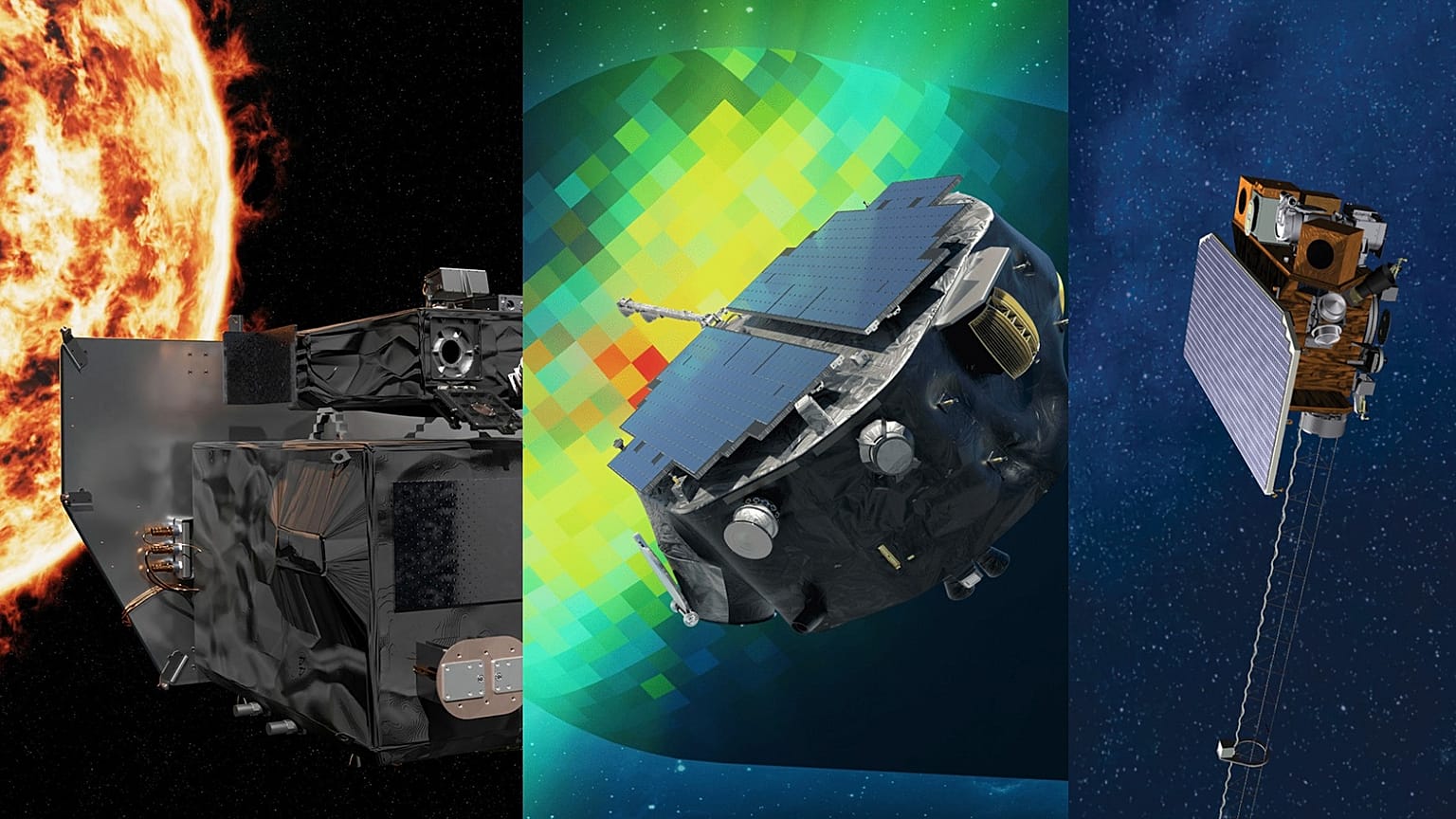 From left, this image depicts NASA’s Carruthers Geocorona Observatory, IMAP, and NOAA's Space Weather Follow On-Lagrange 1 (SWFO-L1) satellite.