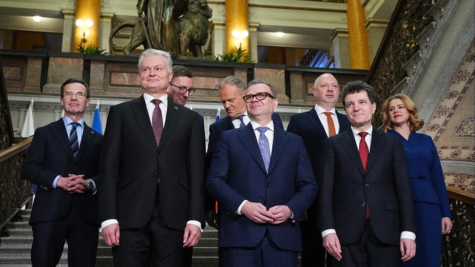 Leaders from Sweden, Lithuania, Estonia, Poland, Finland, Bulgaria, Romania and Latvia attend the Eastern Flank Summit in Helsinki, Finland on Dec. 16, 2025. 
