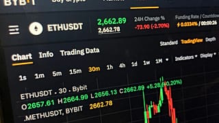 A price chart on the Bybit website for the cryptocurrency Ethereum is seen on a computer screen in New York on Friday evening, Feb. 21, 2025. 