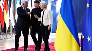 From left, European Council President Antonio Costa, Ukraine's President Volodymyr Zelenskyy and European Commission President Ursula von der Leyen arrive for an EU Summit.