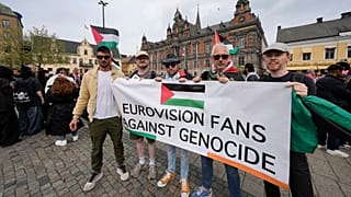 Protesters hold a banner during a Pro-Palestinian demonstration for excluding Israel from Eurovision - 2024
