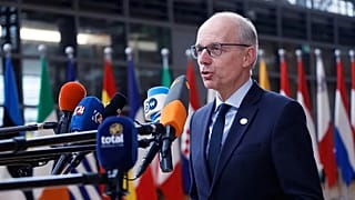 Luxembourg's Prime Minister Luc Frieden speaks with the media as he arrives for an EU summit at the European Council building in Brussels, Thursday, June 26, 2025. 