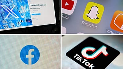 FILE - This combination of photos shows logos of X, formerly known as Twitter, top left; Snapchat, top right; Facebook, bottom left; and TikTok, bottom right