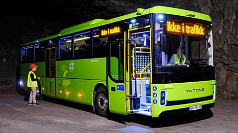 A Yutong bus, owned by Norwegian public transport operator, Ruter, has its communication system tested on Aug. 14, 2025, in Sandvika, Norway.